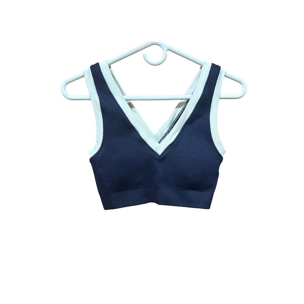Aerie OFFLINE Ribbed Plunge Sports Bra Blue White Size Small